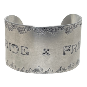 Handmade stamped Just Ride nature silver hypoallergenic adjustable cuff bracelet